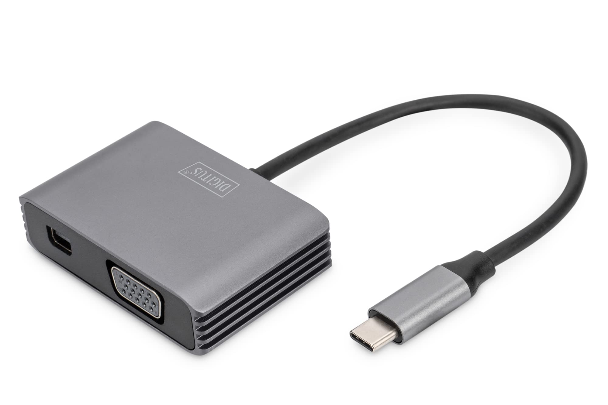 Digitus USB-C - Mini DP + VGA Adapter, 20 cm 4K/30Hz, Silver, Aluminium Housing