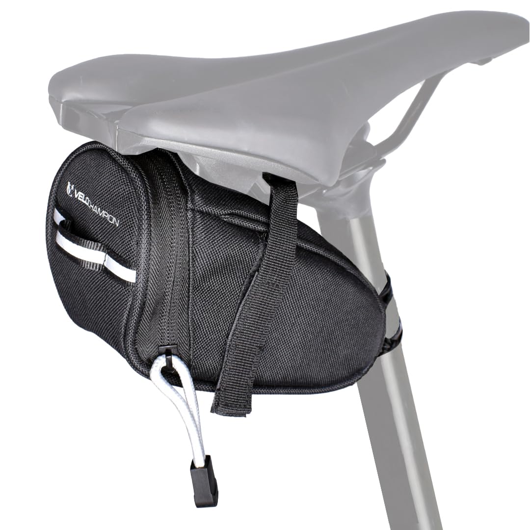 VeloChampion Black Bike Seat Pack Under Saddle Bag | 1 Litre Storage | Ideal for Mountain Road or Hybrid Bikes | Reflective | Water Resistant | Perfect for Repair Kits and Cycling Accessories