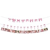 Pink Bow Party Decorations,Pre-Strung Pink Bow 1st Monthly Photo Banner Milestone Photograph Bunting Garland for Girls Just Wanna Be One Birthday,12 Months Photo Display,1st Birthday Decorations