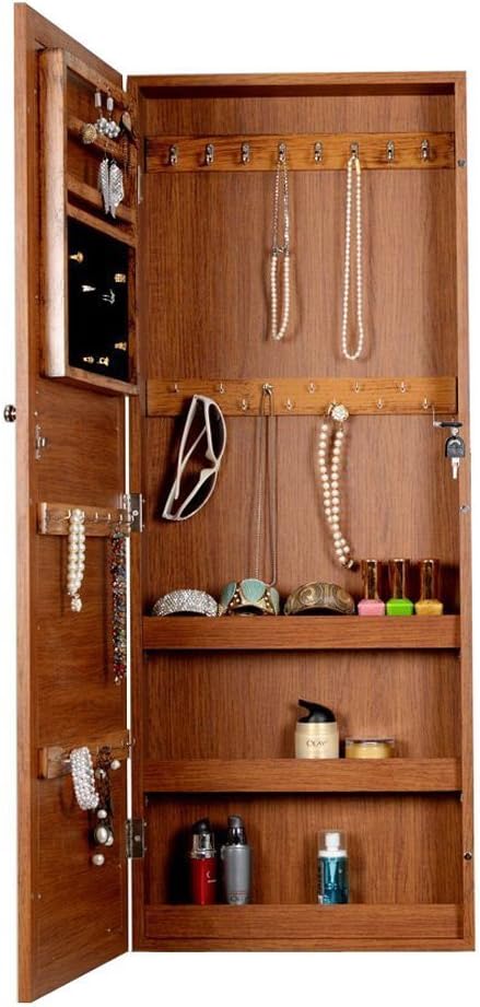 Organizedlife Oak Wall Mount Over The Door Jewelry Cabinet Armoire with Glass Mirror