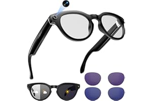 EMERHOME AI Smart Glasses with Camera, 2K Camera Glasses,12MP Video Recording Glasses, Real Time Translation, AI Voice Assistant,Sunglasses with 3 Pack Lenses - Photochromic Lenses,Purple and Blue Lenses