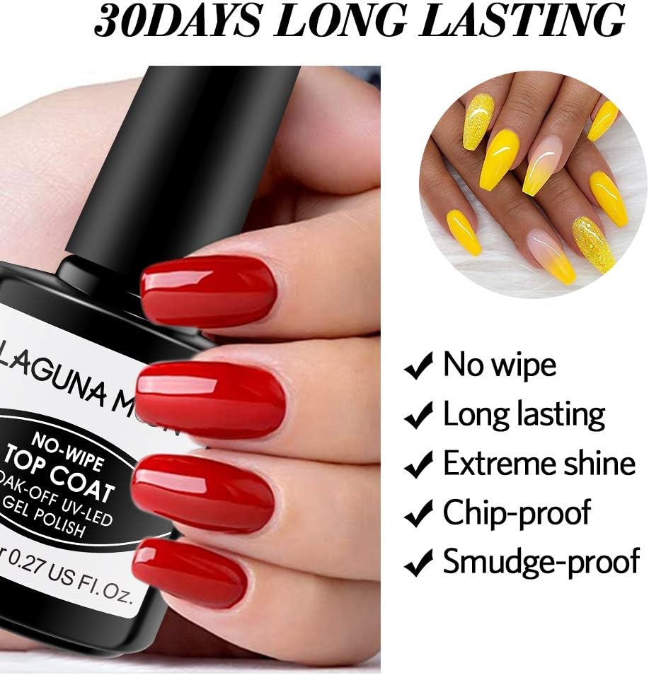 LagunaMoon Gel Nail Polish Base Coat and No Wipe Top Coat Gel Polish Set Soak Off UV LED Nail Varnish Lacquer Manicure Set 2 × 8ml - Image 3