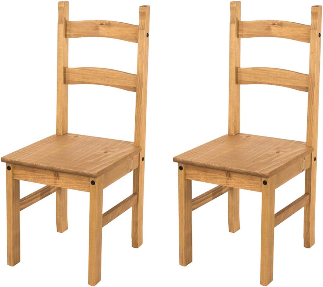Home Source Solid Pine Wood Pair of Dining Chairs, Kitchen Dining Furniture, Waxed Finish, Natural, 2 Chair