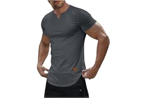 Xiaojmake Men's Muscle Slim T Shirts Notched V Neck Short Sleeve Henley Shirt Hipster Longline Gym Curved Athletic Tee Shirts