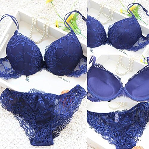 Jemmou Underwear Woman Lady Bra And Panty Set Lace Sexy Floral Push-Up Panties Hollow Transparent Lingerie Bowtie Underwear Bodysuit Sleepwear VS Blue75B