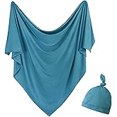 Aijoviko Newborn Swaddle Blanket with Hat Set Baby Swaddle Set Hospital Receiving Blankets for Girls Boys(Teal)