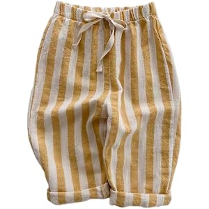 Toddler Striped Harem Pants Baby Linen Pants Wide Leg Elastic Waist Barrel Trousers Casual Loose Fit Summer Beach Capris