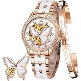 OLEVS Women's Rose Gold Automatic Watches Skeleton Mechanical Ladies Elegant Luxury Wristwatch Diamond Ceramic Band Butterfly Self Winding Dress Watch