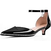 Odetina Women's Low Kitten Heel Pointed Toe Pumps Ankle Strap Patent Leather Prom Wedding Dress Shoes