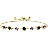 Gem Stone King 18K Yellow Gold Plated Silver Purple Amethyst and Black Diamond Infinity Tennis Bracelet For Women (2.43 Cttw, Gemstone February Birthstone, Round 4.5MM, Fully Adjustable Up to 9 Inch)