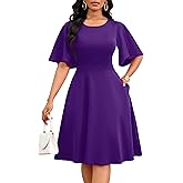 Nmoder Womens Wedding Guest Dress|A-Line Ruffle Flared Sleeve Summer Midi Dresses for Party Church Crewneck with Pockets