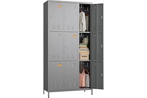SUXXAN 9 Doors Storage Locker Combination, Metal Lockers with 27 Hooks and 9 Business Card Holders, Lockers for Employees School Office Gym Home Staff Sundries Room W35.43*D15.7*H72(Dark Grey)