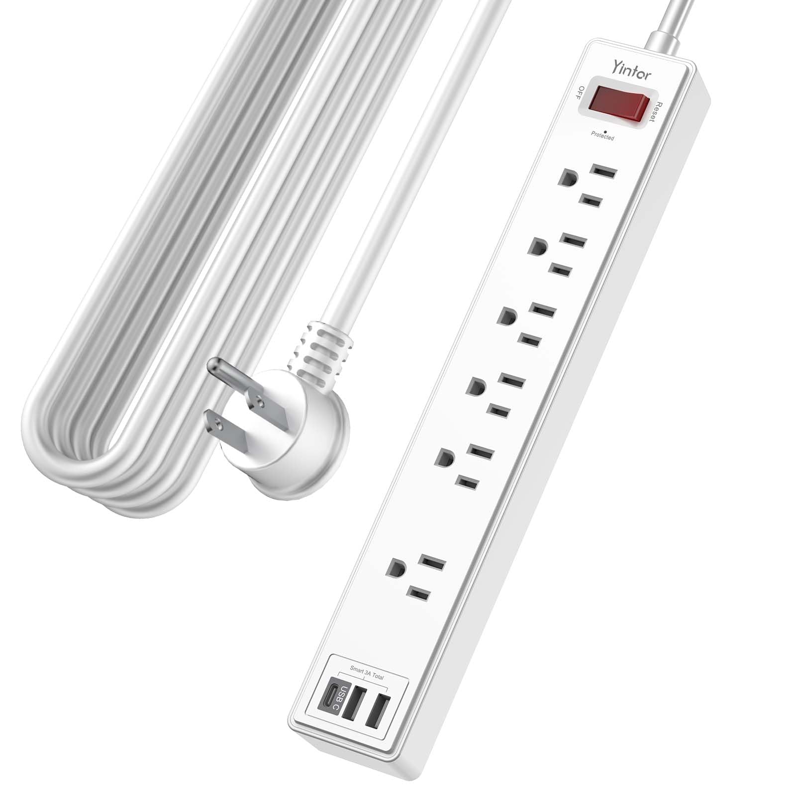 Photo 1 of 20Ft Power Strip Surge Protector - Yintar Extension Cord with 6 AC Outlets and 3 USB Ports for Home, Office, Dorm Essentials, 1680 Joules, ETL Listed, White
