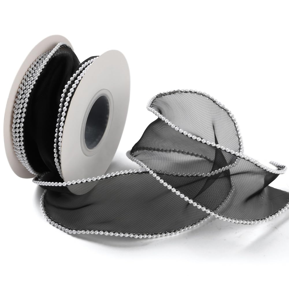 CABODYALS 4.57M 40mm Black Organza Ribbon Faux Pearl Edged Chiffon Sheer Silk Fishtail Yarn Trim Transparent Smooth Ribbons Bundle with Spool for Sewing Making Gift Wrapping Halloween DIY Supplies