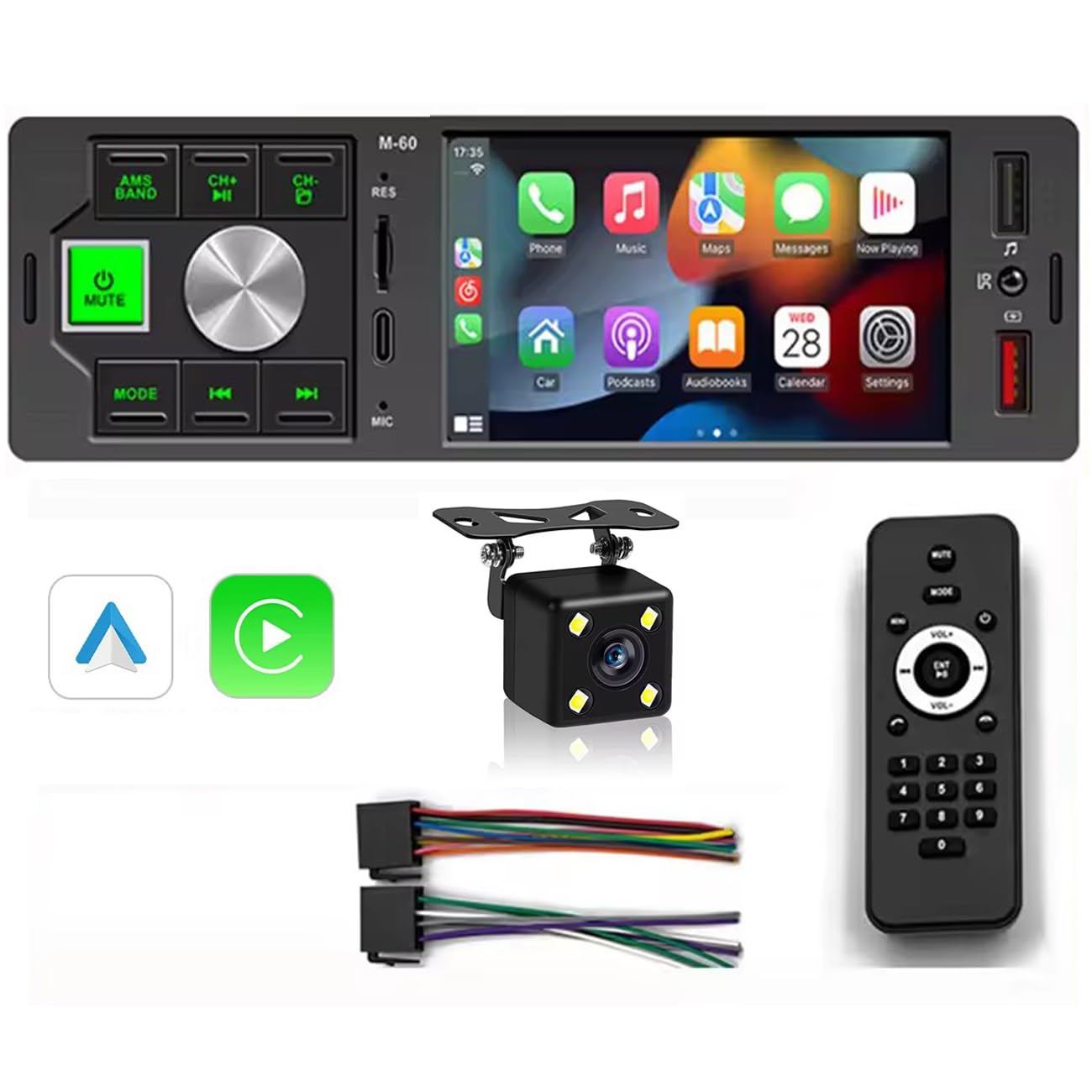 Car Radio Bluetooth 1 Din Car Stereo Carplay Android Auto 4 inch Touch Screen Auto Audio Mirror Link Rear View Camera USB AUX Player