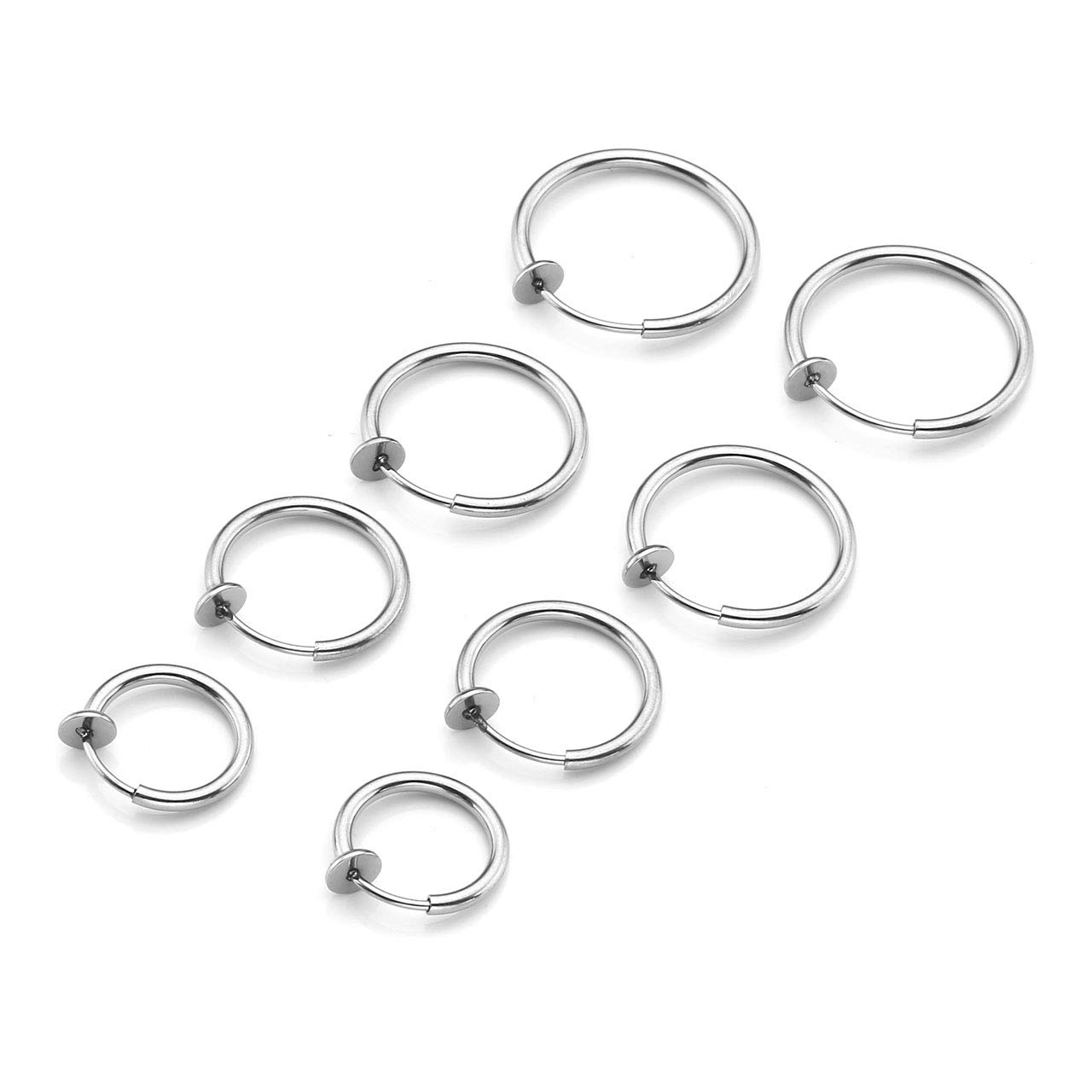 PiercingJak 8pcs Mixed Size Stainless Steel 14G Fake Nose Ring Spring Hoop, Clip On Earrings Fake Septum Cartilage Earrings Lip Ring Non Piercing Hoop Faux Body Piercing Jewelry 10-16mm