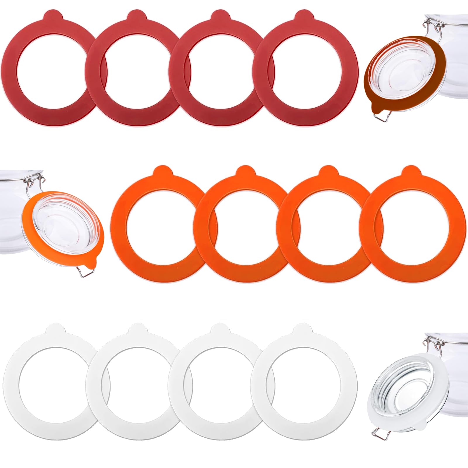12 Pcs Silicone Jar Gaskets Seals Replacement, 3.5 Thickness Standard Rubber Airtight Seal Rings Gasket for Storage Jars Glass Cans (White, Orange, Red)