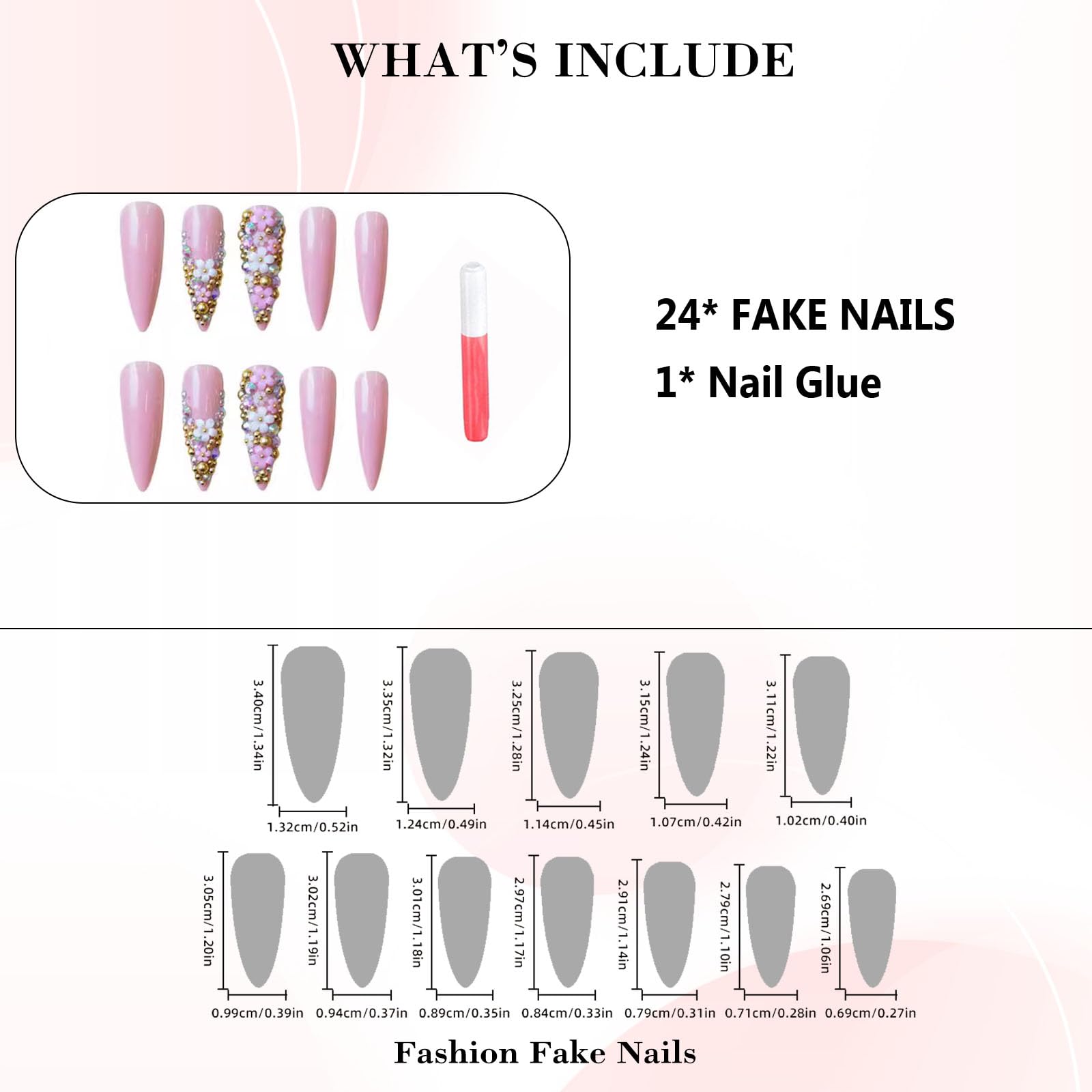 IMRAIN Long Press on Nails Stiletto Pink Fake Nails Rhinestone & Flower Designs Glossy Glue on Acrylic Nails Full Cover Luxury Bling Handmade Stick on False Nails for Women 24Pcs - Image 4