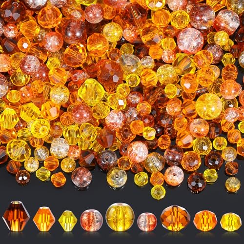 Landical 1215 Pcs Glass Beads Crackle Crystal Beads Faceted Glass Bead Bicone Crystal Beads for DIY Jewelry Necklace Wristband Earring(Brown, Orange, Yellow)