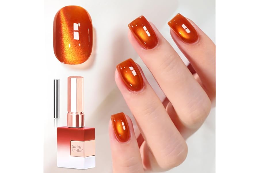 Double Rhythm 15ML Glass Cat Eye Gel Polish with Magnet Holographic Glitter Shimmer Color Salon Magnetic Nail at Home (Red Orange Golden-MC1423)