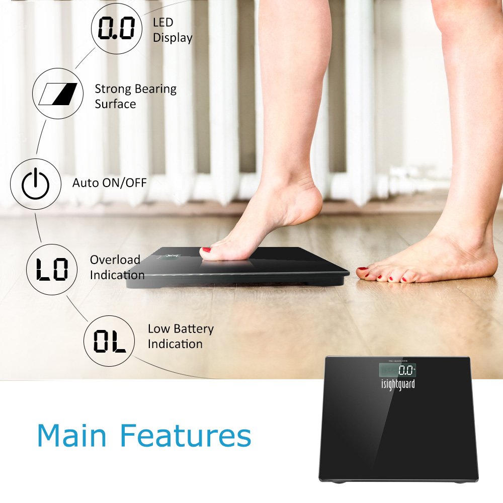 Isightguard Digital Body Weight Bathroom Scale by Balance, High Accuracy, Large Glass Top, Backlit Display, Precision Measurements, 400 Pounds (Battery Included)