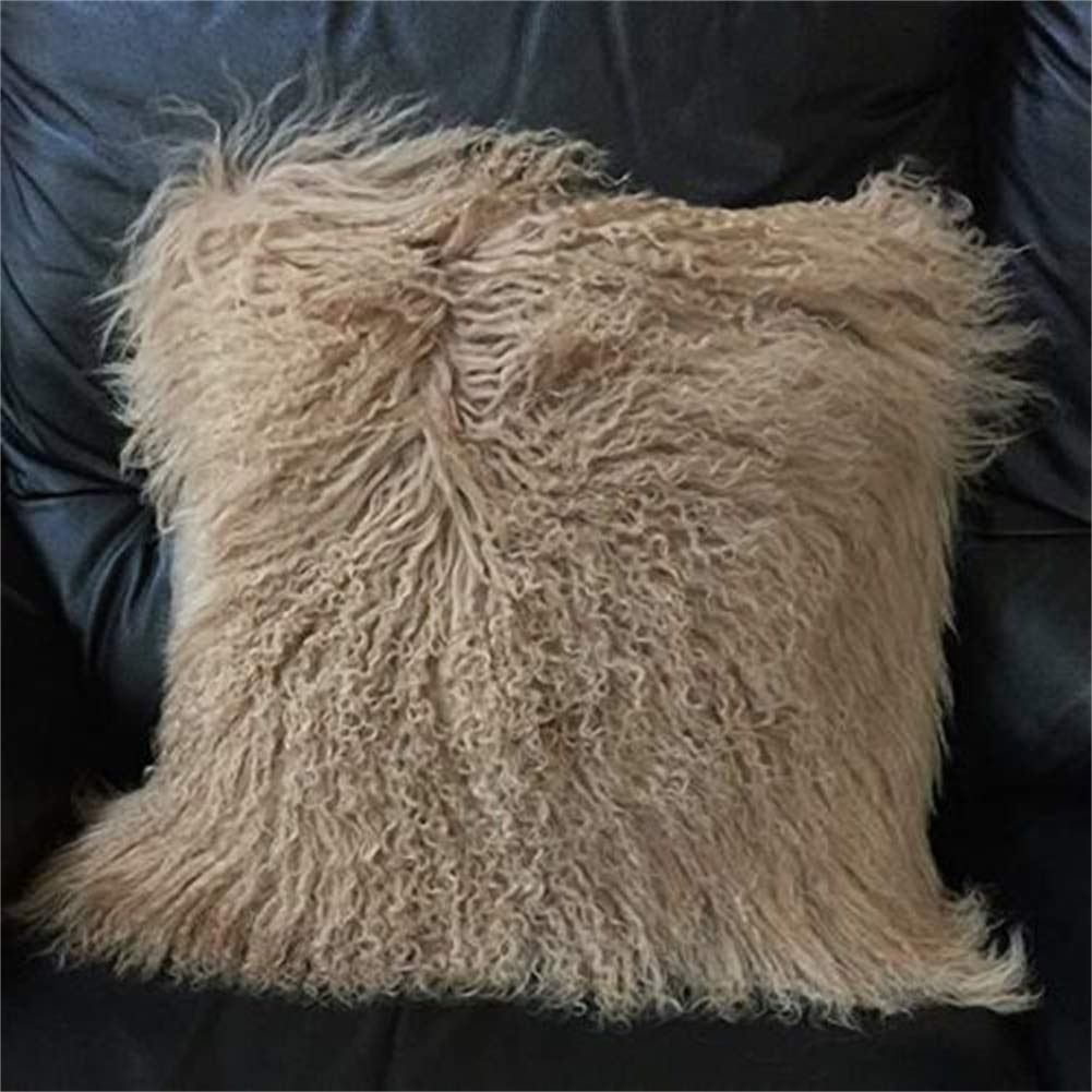 Photo 1 of Seek4comfortable Mongolian Lamb Fur Throw Pillow Cover Real Fur Decorative Cushion Cover Pillow Case Home Decorative Square Throw Pillow Cover Plain Wool Pillow Protector, Khaki (18"x18")