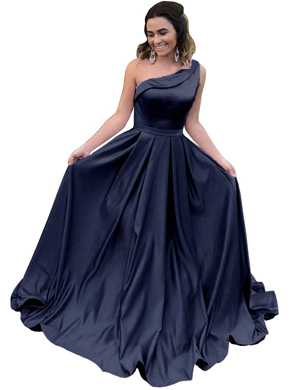 DYS Women's One Shoulder Satin Prom Evening Dresses Pockets Long Formal