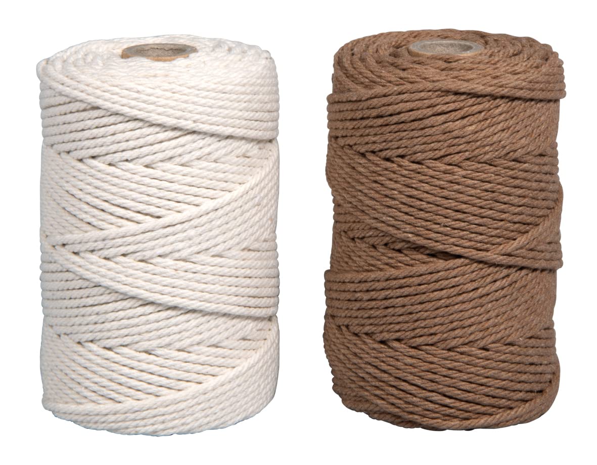 Rayher Set of Two Poly-Cotton Crochet Threads, Yarns for Craft, Floristry and Decorations, Macrame Cord with a Diameter of 2.2mm, 2x70m, white and brown, 44000505