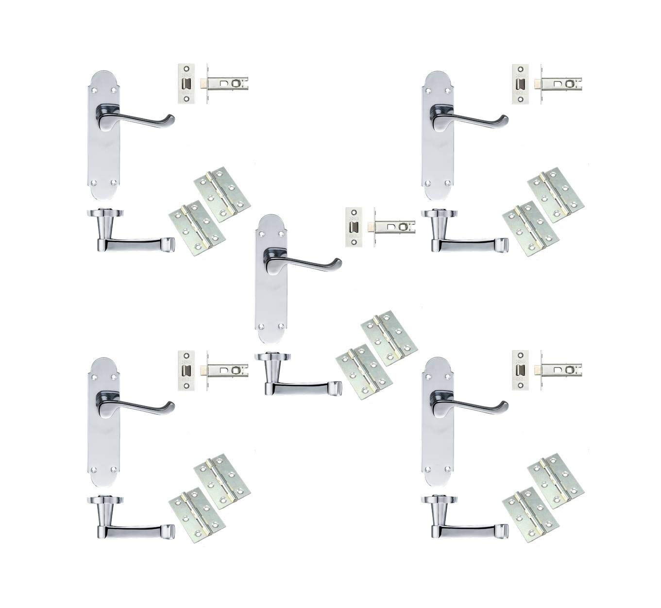 Golden Grace Epsom Design Victorian Scroll Door Handles Lever on Shaped Backplate - Latch Door Pack with Hinges & Latch - Polished Chrome, 5 Sets