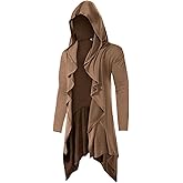 Runcati Mens Long Hooded Cardigan Ruffle Shawl Collar Open Front Long Sleeve Lightweight Drape Robe