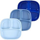 Re-Play Toddler Plates with Dividers - Deep-Walled 3 Compartments Divided Plates for Kids - Dishwasher & Microwave Safe - Made in USA - Set of 3-7.37" x 7.37" x 1.25" - Cool Blue