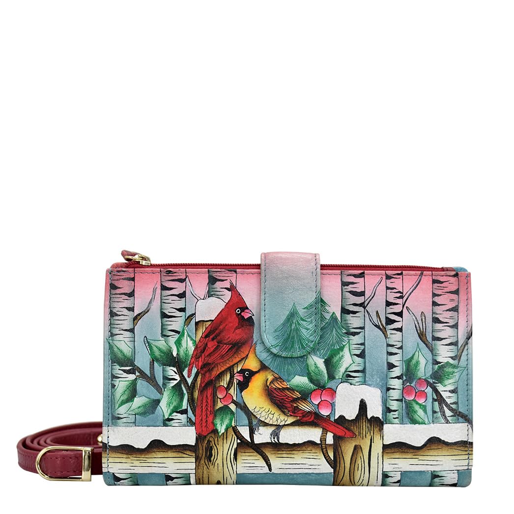 Anuschka Women’s Hand Painted Genuine Leather Cell Phone Case & Wallet - Snowy Cardinal — image 1
