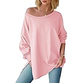 Tankaneo Womens Oversized Off The Shoulder Tops Long Sleeve Trendy Casual T-Shirts Side Slit Loose Fit Tunic Shirts