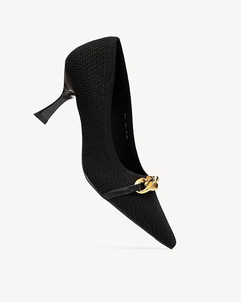 NEWBELLA MOUSSE FIT WOMEN’S KNITTED POINTED TOE STILETTO HEELS – STILETTO DRESS PUMPS WITH CHAIN STRAP DETAIL, COMFORTABLE FORMAL SHOES, BLACK 6.5