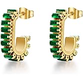 FRUMOS Green Crystal huggie gold hoop earrings for women Girls,14K Gold Plated with 925 Sterling Silver Post color Cubic Zirconia dainty cute Earrings| CZ Stud Earring