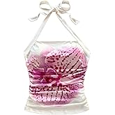 WDIRARA Women's Floral Halter Top Ruched Sleeveless Backless Y2k Camisole Tops