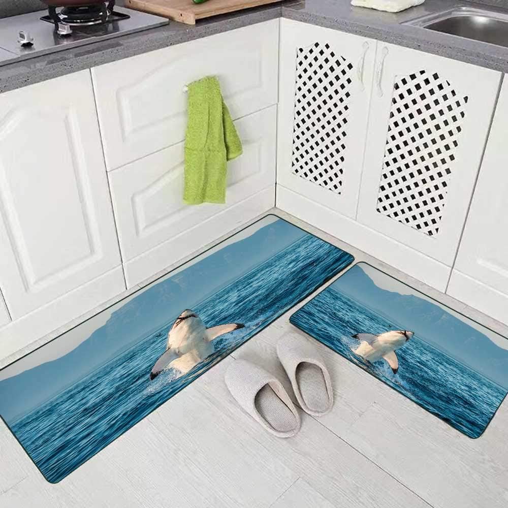 Doocilsh Kitchen Rugs,Kitchen Rugs Washable for Women and Men,17X48+17X24Inches Great White Shark in Attack on Seal and Hunting of South Africa Carcharias Breaching an Swallowed a Kitchen Rug