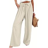 Bloggerlove Linen Palazzo Pants for Women Dressy Summer Wide Leg Flowy Pants Boho Linen Beach Trousers with Pockets