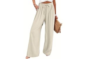 Bloggerlove Linen Palazzo Pants for Women Dressy Summer Wide Leg Flowy Pants Boho Linen Beach Trousers with Pockets