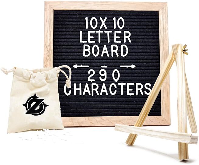 10 x 10 Premium Changeable Letter Board - Oak Wood Frame, With Free Canvas Bag | 290 Letters and Characters | Including BONUS Stand and Wall Mounting Hook