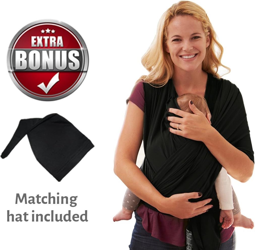 Go tyke – PREMIUM SOFT Baby Sling Wrap Carrier (Black). Easy to use, Hands-Free carry. Lightweight and Breathable. BONUS Matching baby hat. Great Baby Shower Gift. Safe and Comfortable.