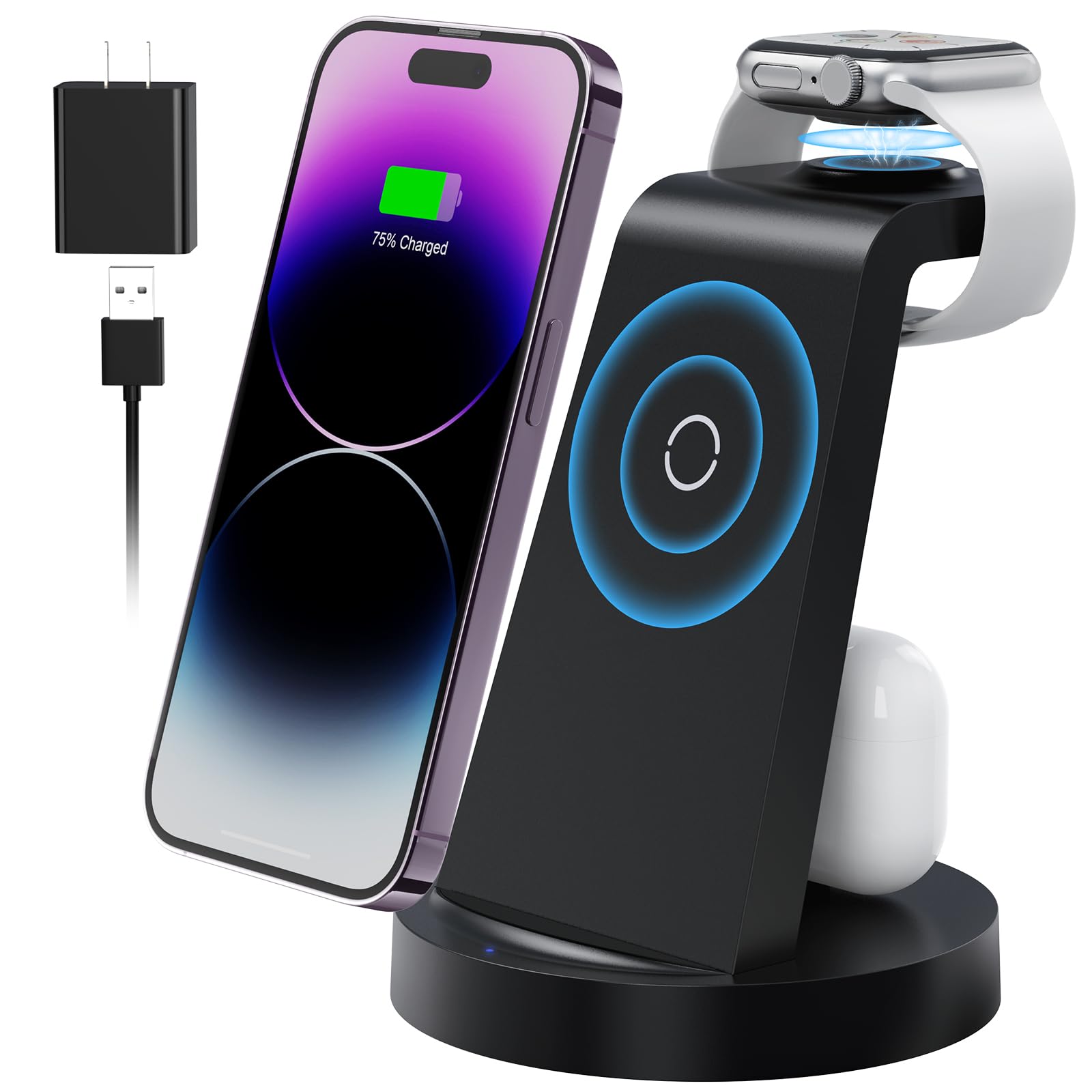 Photo 1 of 3 in 1 Charging Station for Apple Device, Wireless Charger for iPhone 16e 16 15 14 13 12 11 Pro Max & Apple Watch iwatch- Charging Stand Dock for AirPods