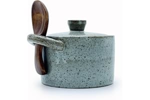 YILUSHENGHUA 8 oz Ceramic Salt Cellar with Lid & Wooden Spoon,Countertop Salt Container,Sugar Bowl,Spices Jar| Artisan Kitche
