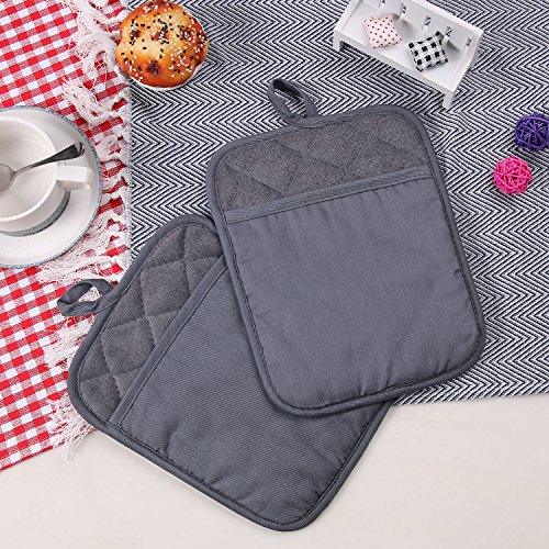100% Cotton with Silicone Kitchen Everyday Basic Pot Holder Heat Resistant Coaster Potholder Oven Mitts with Pocket for Cooking and Baking Set of 2 Grey
