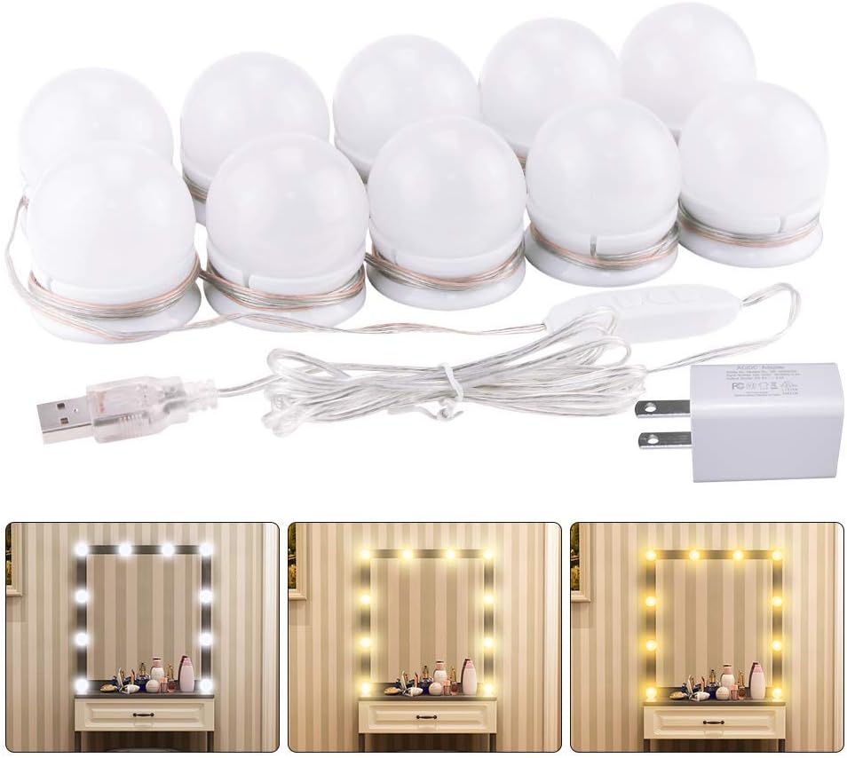 Hollywood Style Vanity Mirror Lights, Yatuela LED Makeup Mirror Lights Kit with 3 Colors Dimmable and 10 Level Brightness, Power Adapter, USB Charger Cable, Stickers, 10 Bulbs (Mirror Not Included)