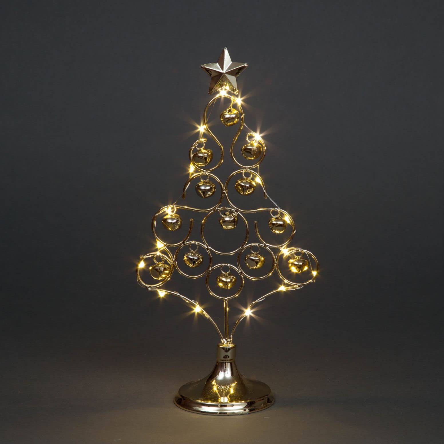 35cm Pre-Lit Table Top Golden Christmas Tree With Warm White LEDs Bells Star Festive Xmas Holiday Home Office Novelty Decorations