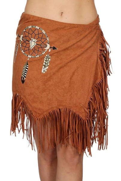 shoperama Fransen Wickelrock Wildleder-Optik Indianerin Squaw Damen-Kostüm Wilder Westen Rock Traumfänger Karneval Fasching, 