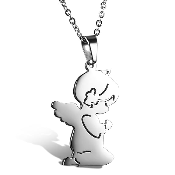 Cupimatch Edelstahl Damen Mädchen Kette mit Anhänger Amulett, Gebet Engel Mädchen Engelsflügel Design Halskette 45cm Schutzen