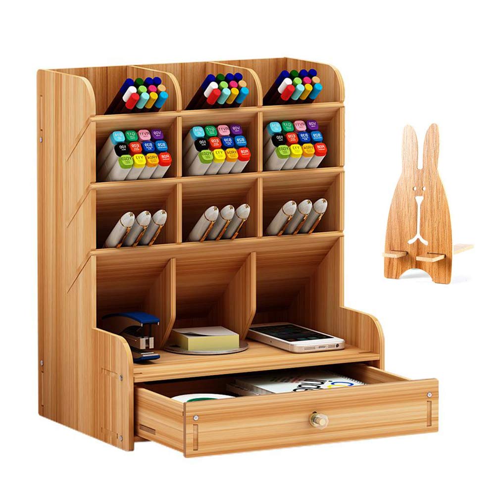 Wooden Desk Organizer, Multi-Functional DIY Pen Holder Storage Box Desktop Stationary Storage Rack for Home, Office and School (B11 Cherry Color)