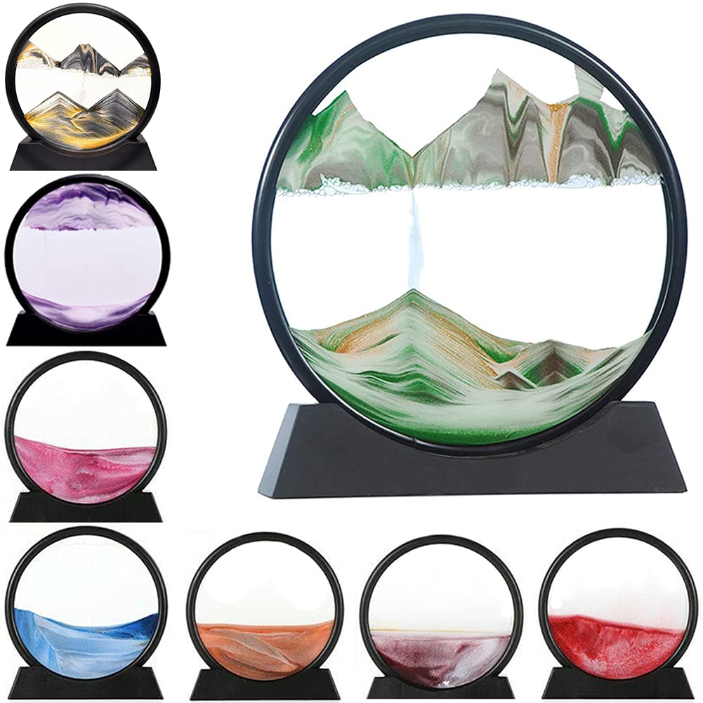 LINPING Flowing Sand Painting,Moving Sand Art Picture Round Glass 3D Deep Sea Sandscape in Motion Display Flowing Sand Frame, Home & Office Desktop Decorations (12 Zoll, Green)